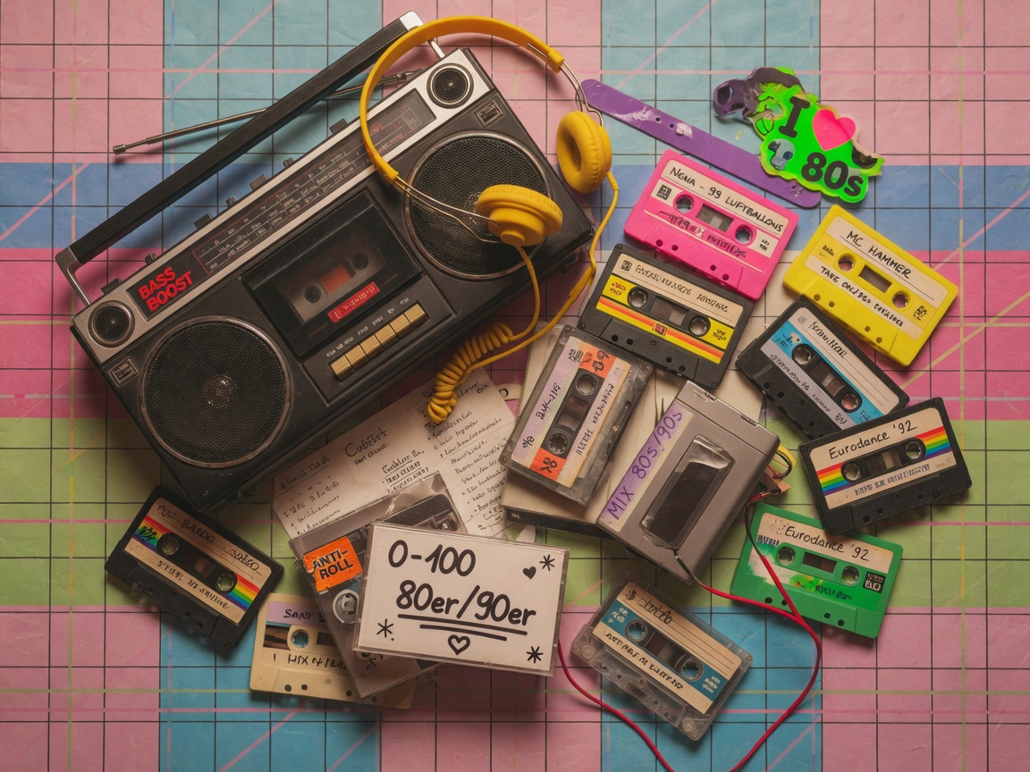 A nostalgic flat lay of 80s and 90s cassette tapes, a boombox, and a Walkman on a retro grid background