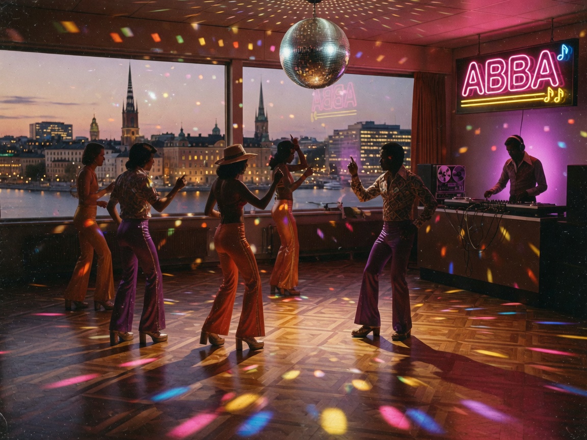 A glittering 1970s disco dance floor with a mirror ball, representing the 101.ru ABBA radio channel