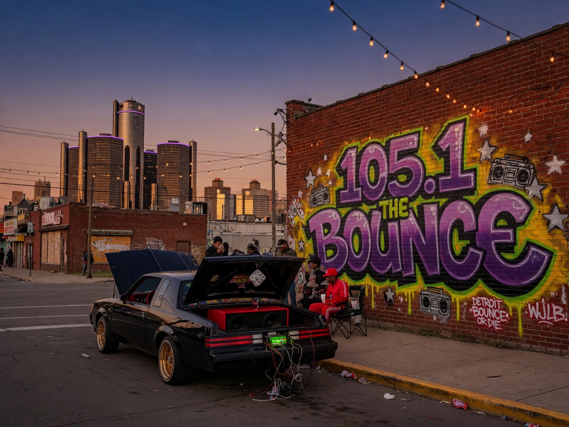 A Detroit street scene at dusk with a graffiti mural reading 105.1 The Bounce and the city skyline behind it