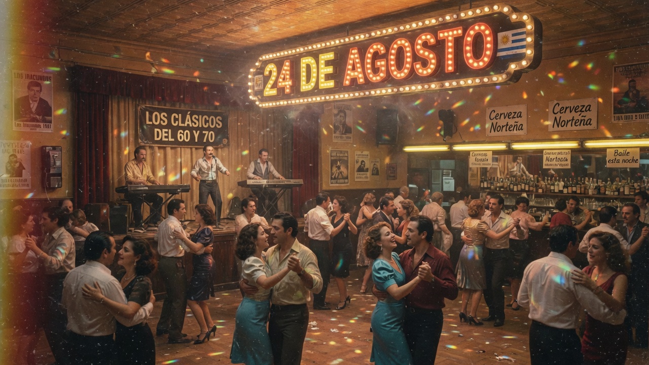 Montevideo dance club with golden lighting and couples dancing to oldies, a glowing 24 de Agosto sign above the stage