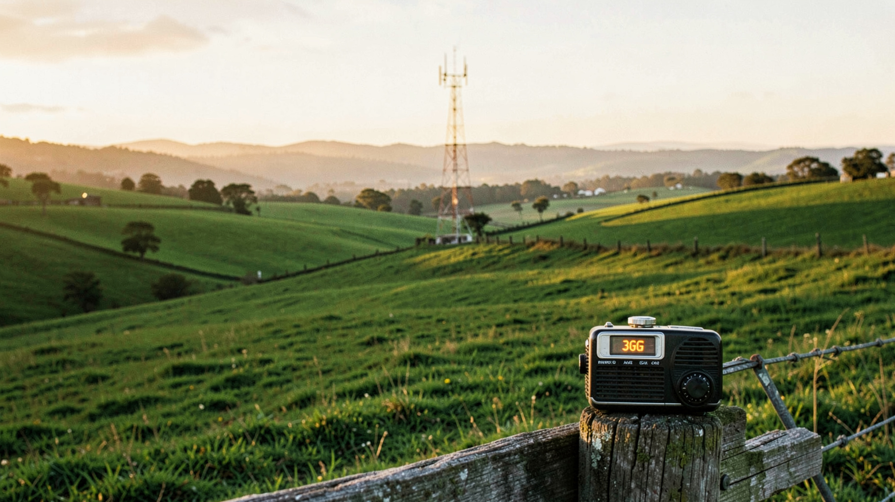 Rolling green Gippsland dairy pastures at sunrise with an AM radio tower and a vintage transistor radio dial reading 3GG