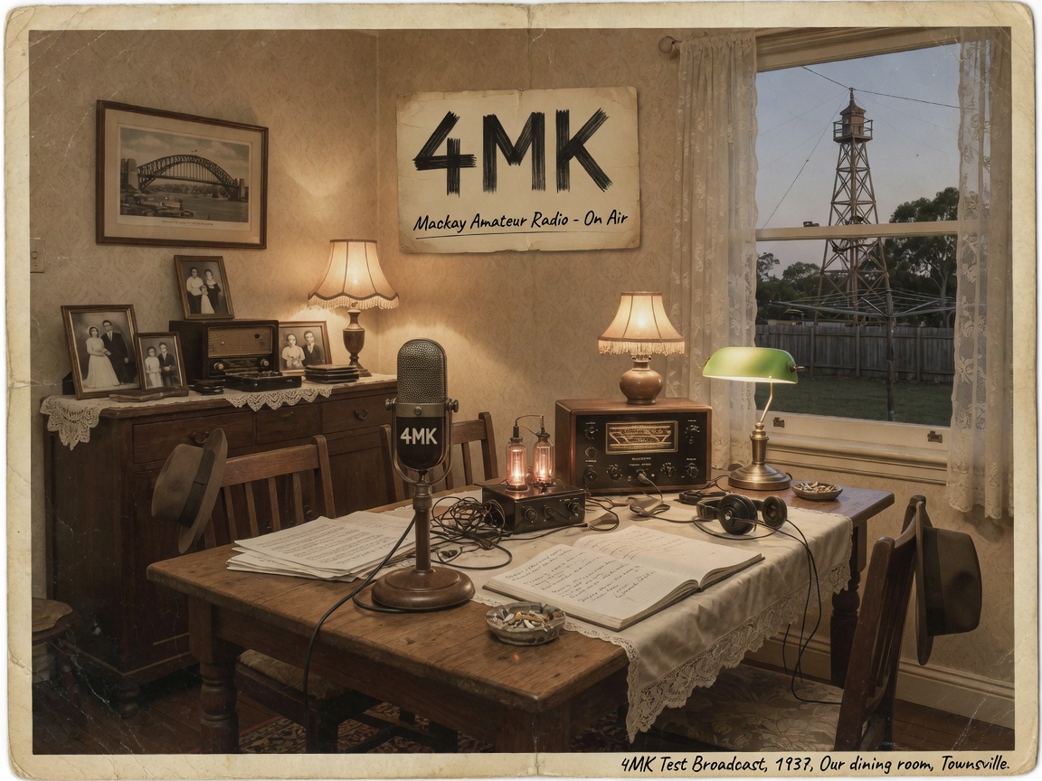 A vintage 1930s living room radio studio with wireless equipment, representing 4MK Mackay's early broadcasting history