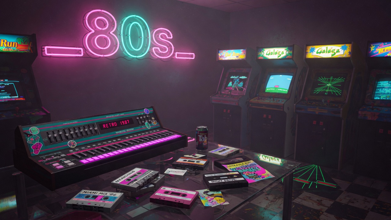 Neon-lit 1980s arcade room at night, glowing pink and teal neon tubes, vintage synthesizer in foreground, cassette tapes on glass table, retrowave atmosphere