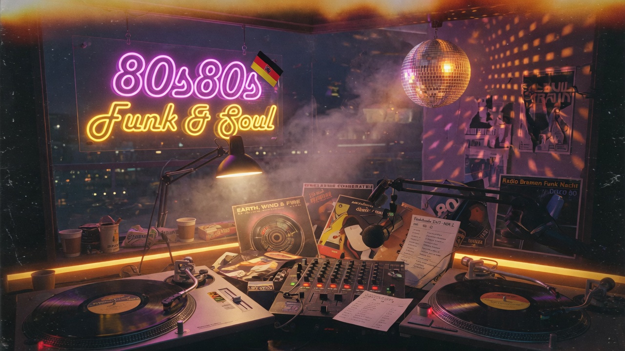 A retro 1980s-style DJ booth with vinyl records and a disco ball, evoking the funk and soul sound of 80s80s Funk & Soul