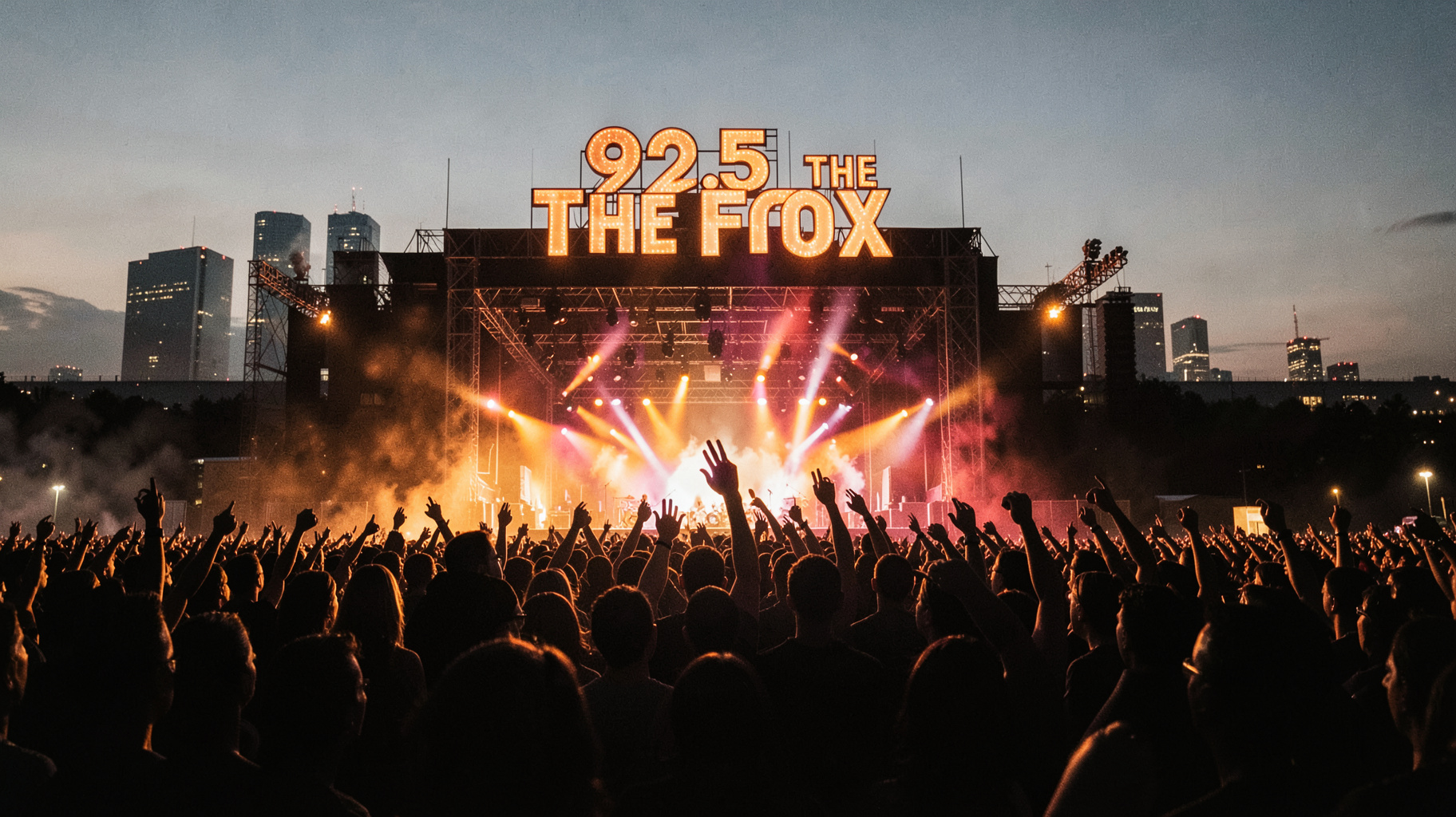 A classic rock concert crowd silhouetted at dusk with a glowing '92.5 THE FOX' marquee sign above the stage and the Cincinnati skyline in the background
