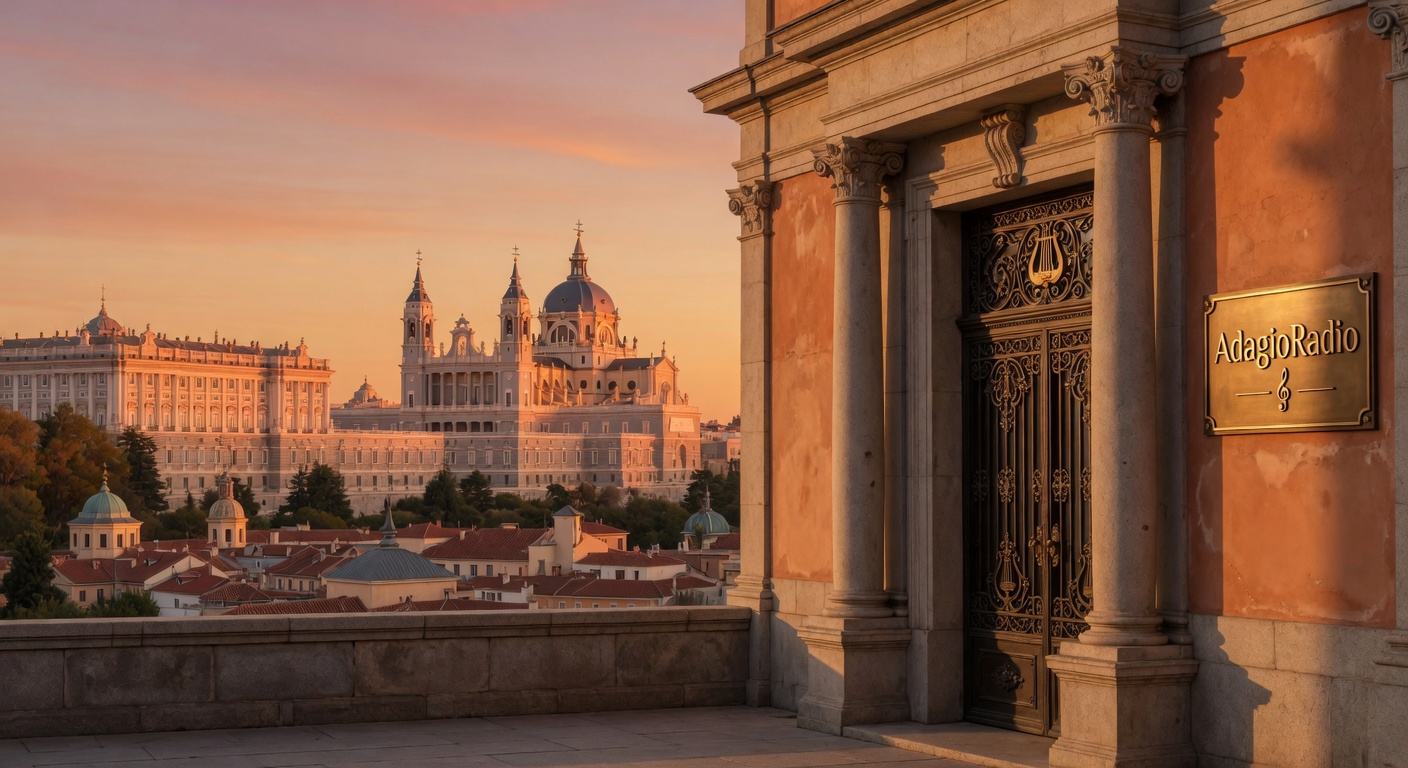 Madrid's Royal Palace glowing amber at golden hour, a grand concert hall entrance with an AdagioRadio brass plaque on stone columns