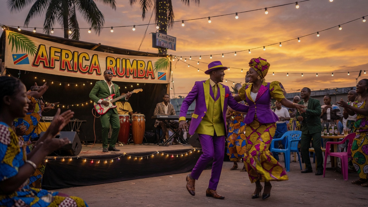 A joyful Congolese rumba scene with dancers in colorful suits, a soukous guitarist, and an Africa Rumba stage banner at golden hour