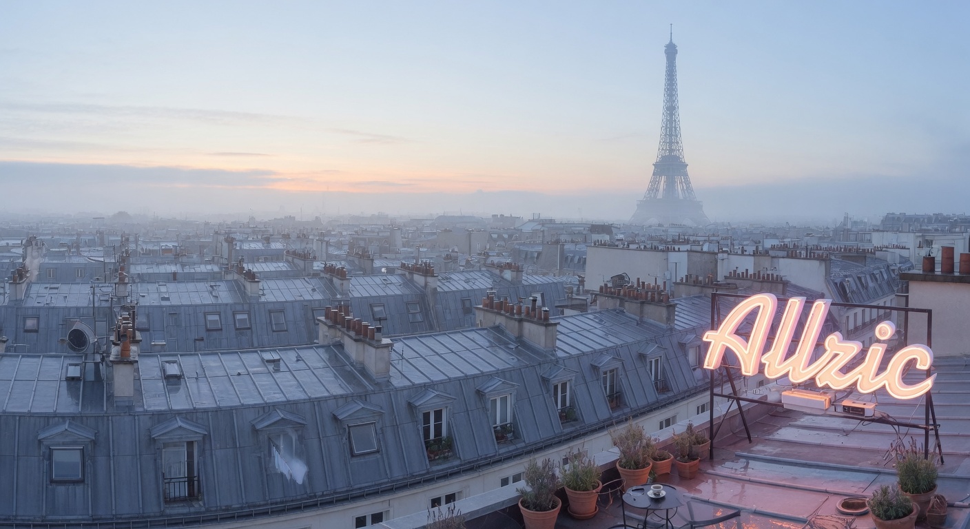 Parisian rooftops at dawn, Eiffel Tower silhouetted in morning mist, a glowing Allzic neon sign on a rooftop terrace