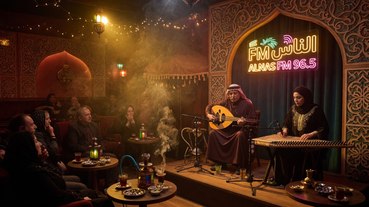 Warm atmospheric Arabic music lounge in Baghdad at night, traditional maqam musicians on stage, ornate arabesque arches in amber and gold, Alnas FM sign glowing above