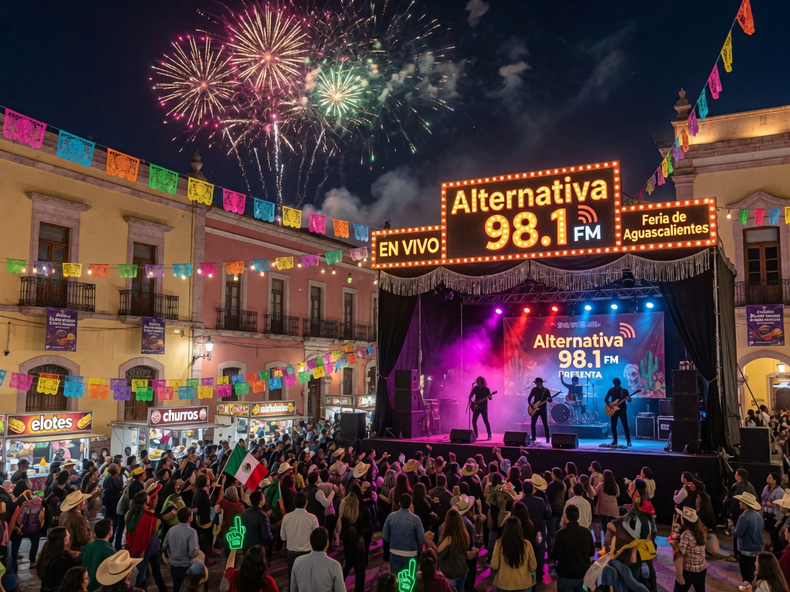 A vibrant Mexican plaza festival at night in Aguascalientes with an outdoor concert stage and Alternativa 98.1 marquee sign