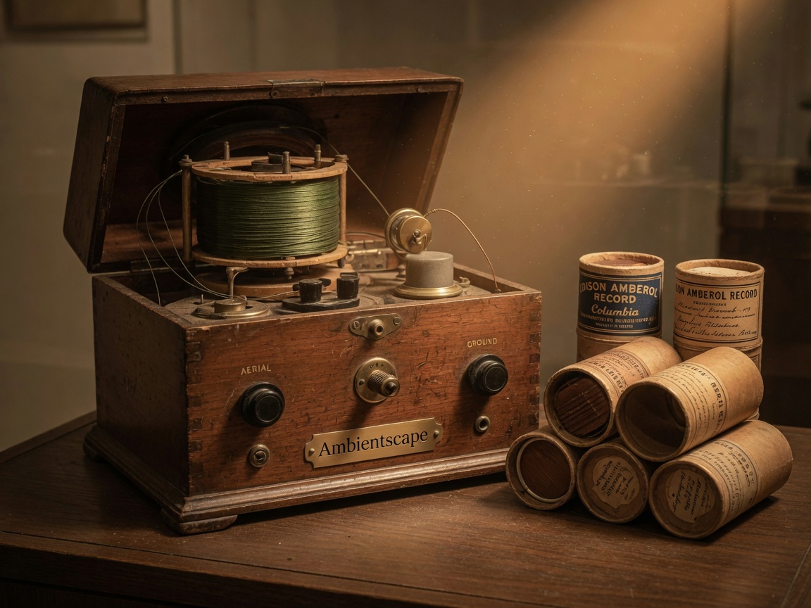 A vintage 1920s wooden crystal radio receiver beside stacked wax phonograph cylinders in warm archival light