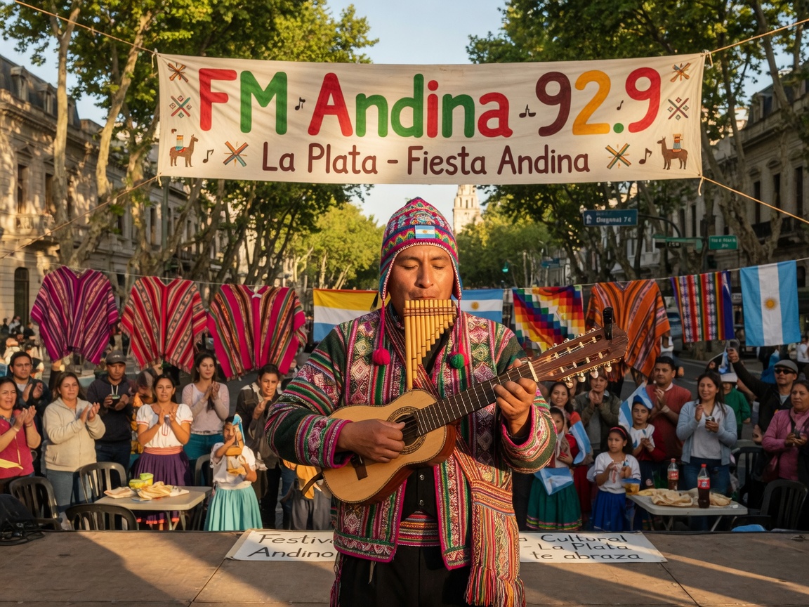 An Andean folk musician playing charango and panpipes on an outdoor stage in La Plata with an FM Andina 92.9 banner
