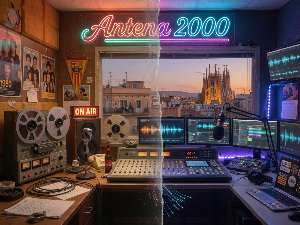 A vintage 1985 radio studio transitioning into a modern digital studio with an Antena 2000 sign and Barcelona skyline