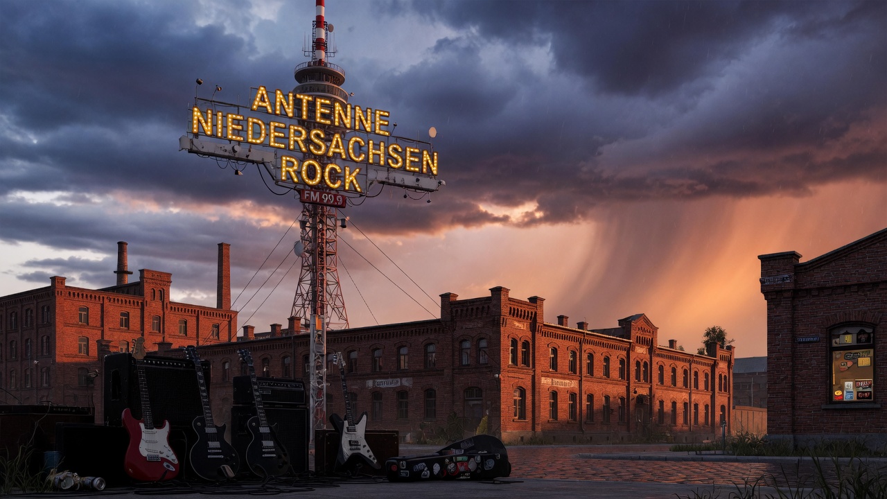 Vintage ANTENNE NIEDERSACHSEN ROCK marquee sign at golden hour with electric guitars silhouetted in Hannover, Germany