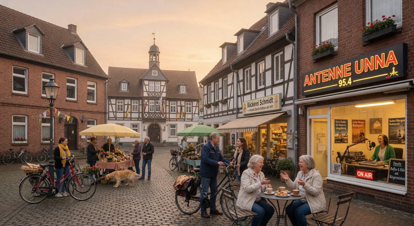 A friendly German small-town market square on a bright morning with a cozy local radio studio window and an Antenne Unna sign