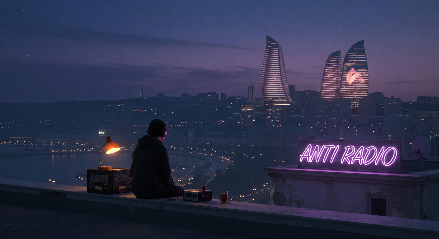 A moody late-night rooftop scene overlooking the Baku skyline and Flame Towers, a lone listener in headphones and an Anti Radio neon sign