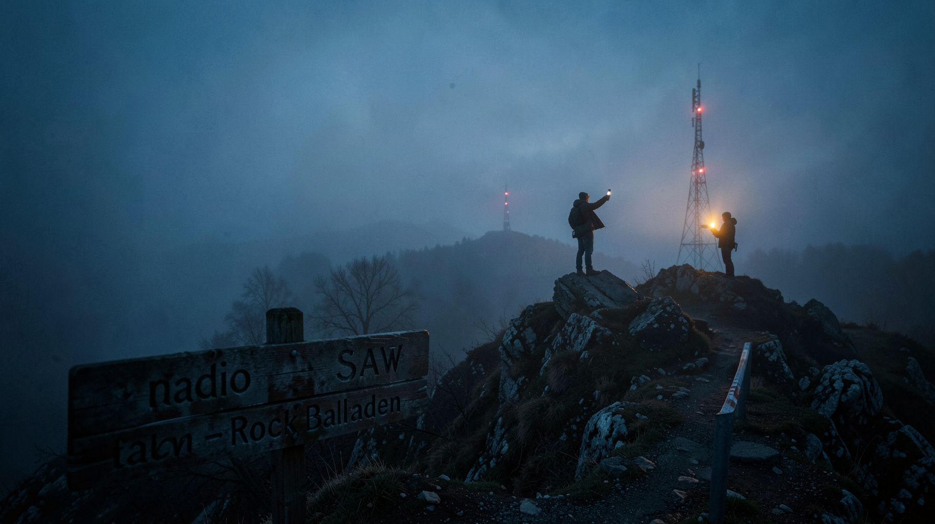 A foggy Harz mountain summit at dusk with a lone figure holding a lighter aloft and a weathered sign reading radio SAW Rock Balladen