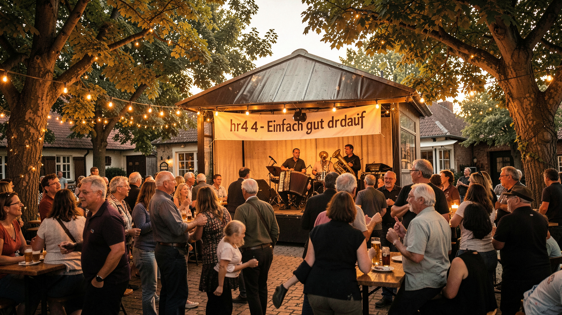 A warm evening Schlager festival in a German beer garden with a stage banner reading hr4 Einfach gut drauf