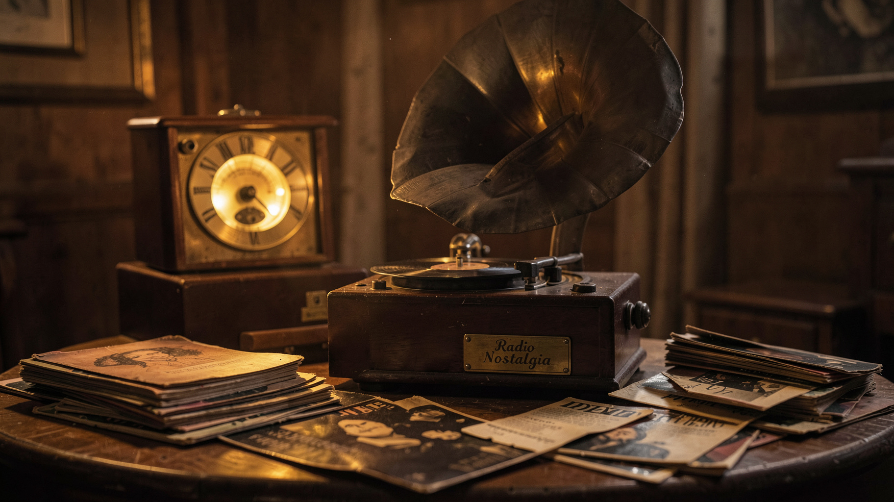 A vintage study with a wind-up gramophone playing a shellac 78 rpm record, a plaque reading Radio Nostalgia on the cabinet