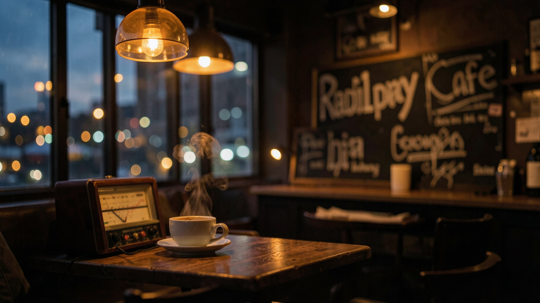 A cozy cafe at dusk with a vintage radio and a chalkboard sign reading Radioplay Cafe