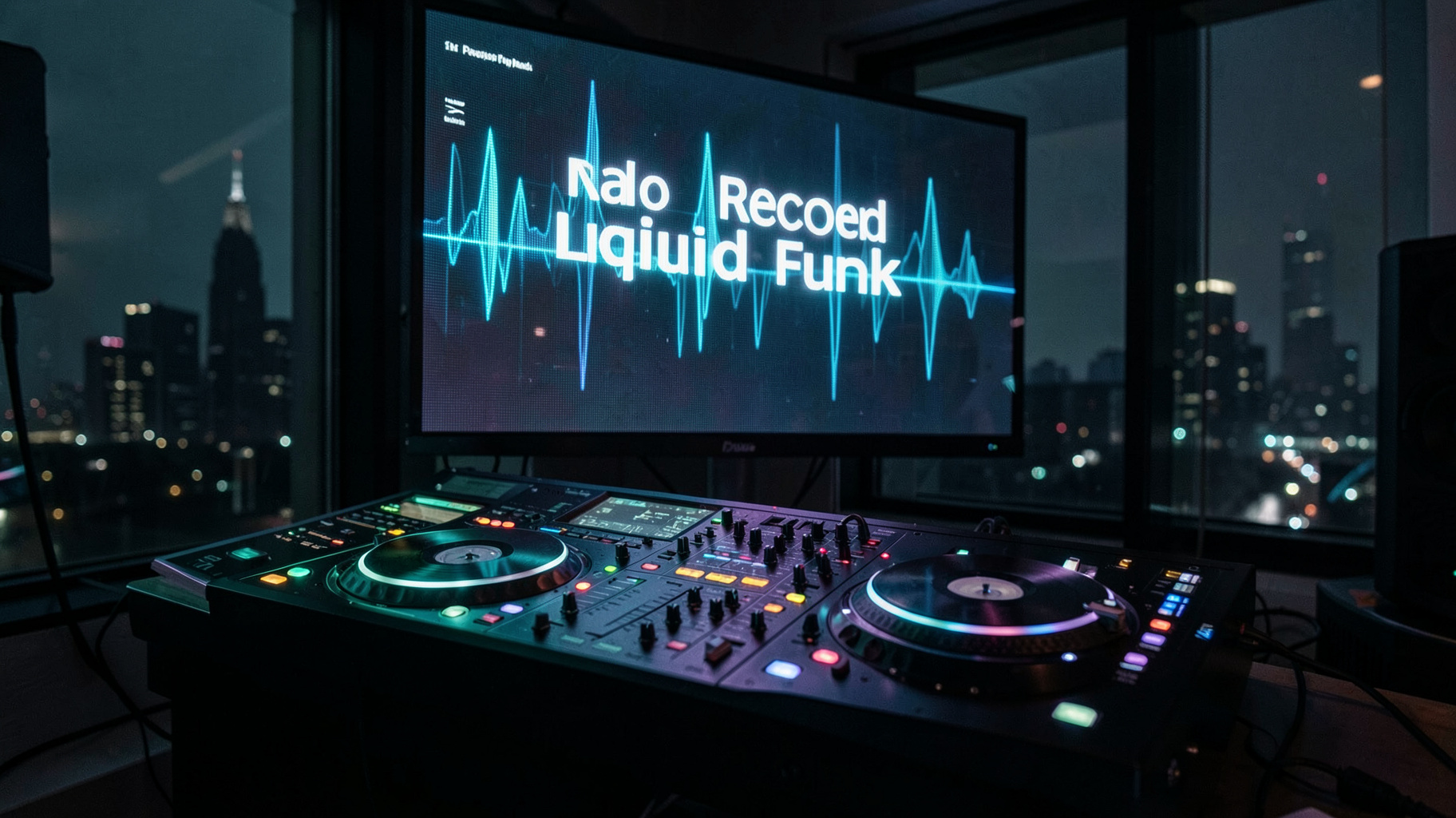 A glowing DJ mixing desk in a St Petersburg studio with a screen reading Radio Record Liquid Funk