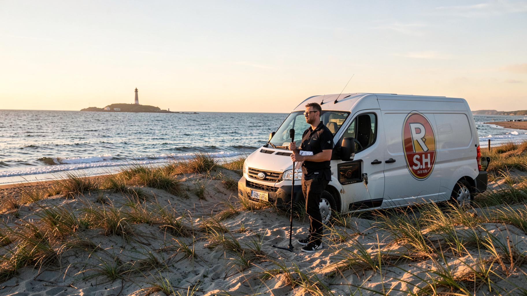 A radio outside broadcast van branded R.SH parked on the dunes of Sylt at golden hour
