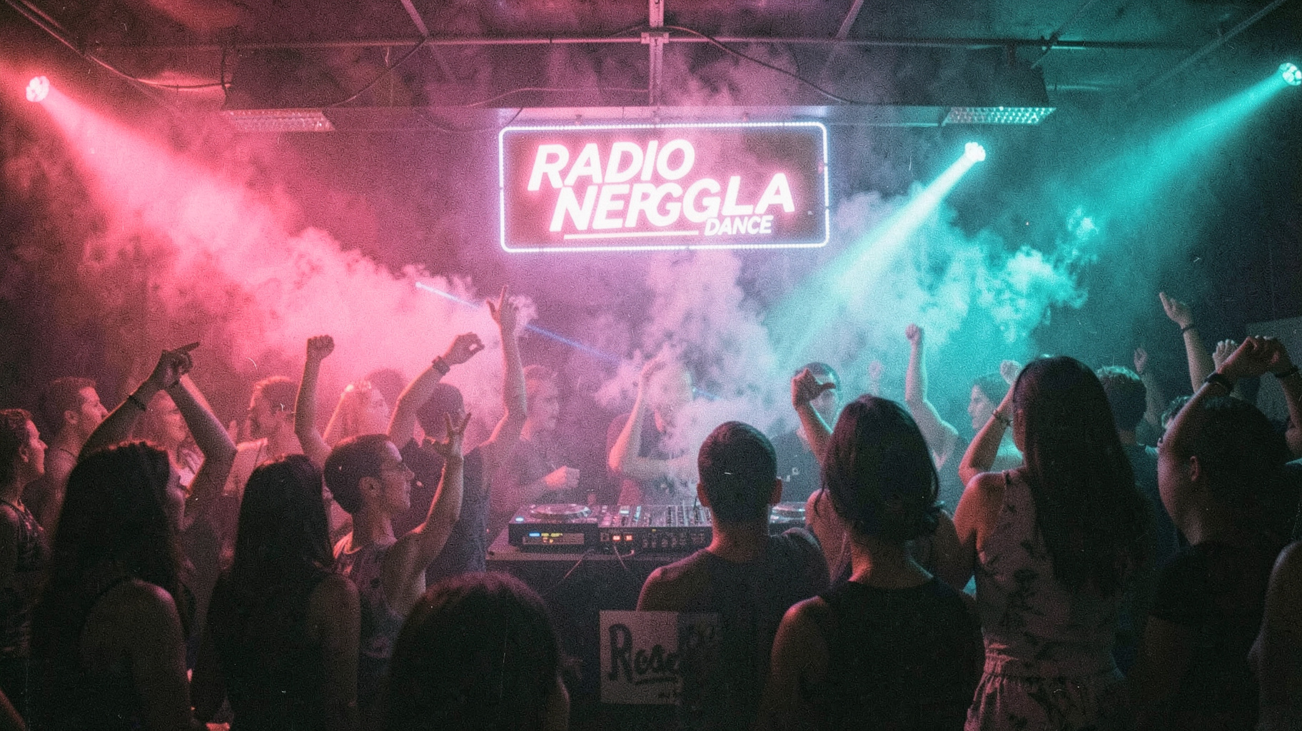 A packed retro Brazilian dance club with a glowing sign reading Radio Energia Dance above the DJ booth