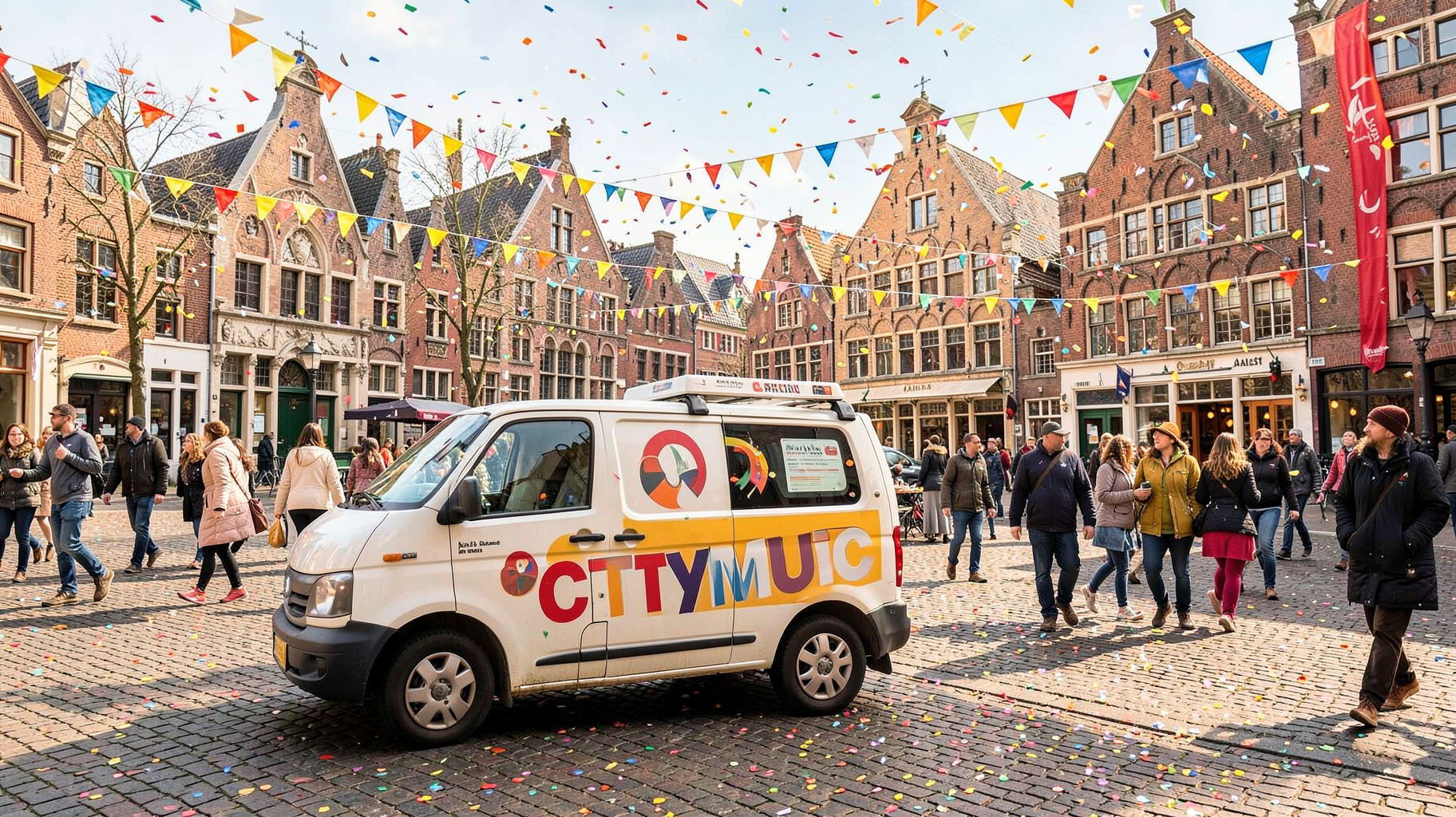 A radio van branded CityMusic parked in a sunny, confetti-decorated square in Aalst, Belgium