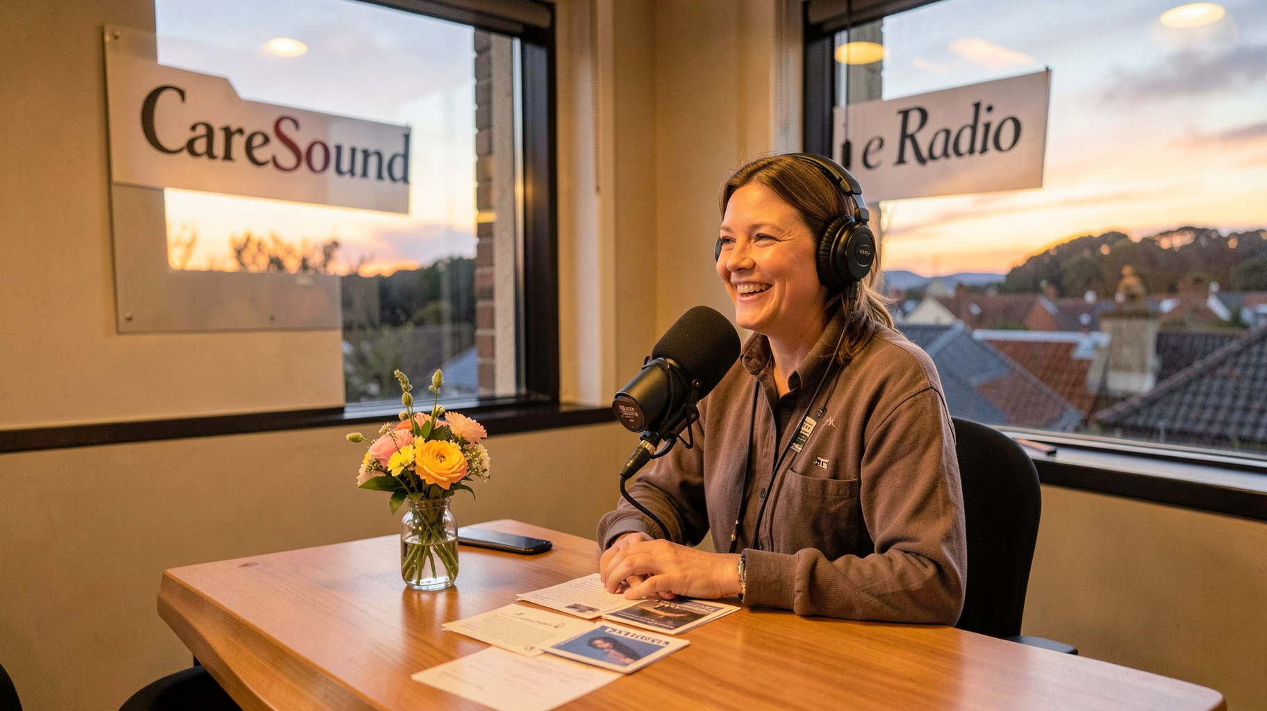 A volunteer presenter smiling at a microphone in the CareSound Radio studio with Perth rooftops visible at sunset