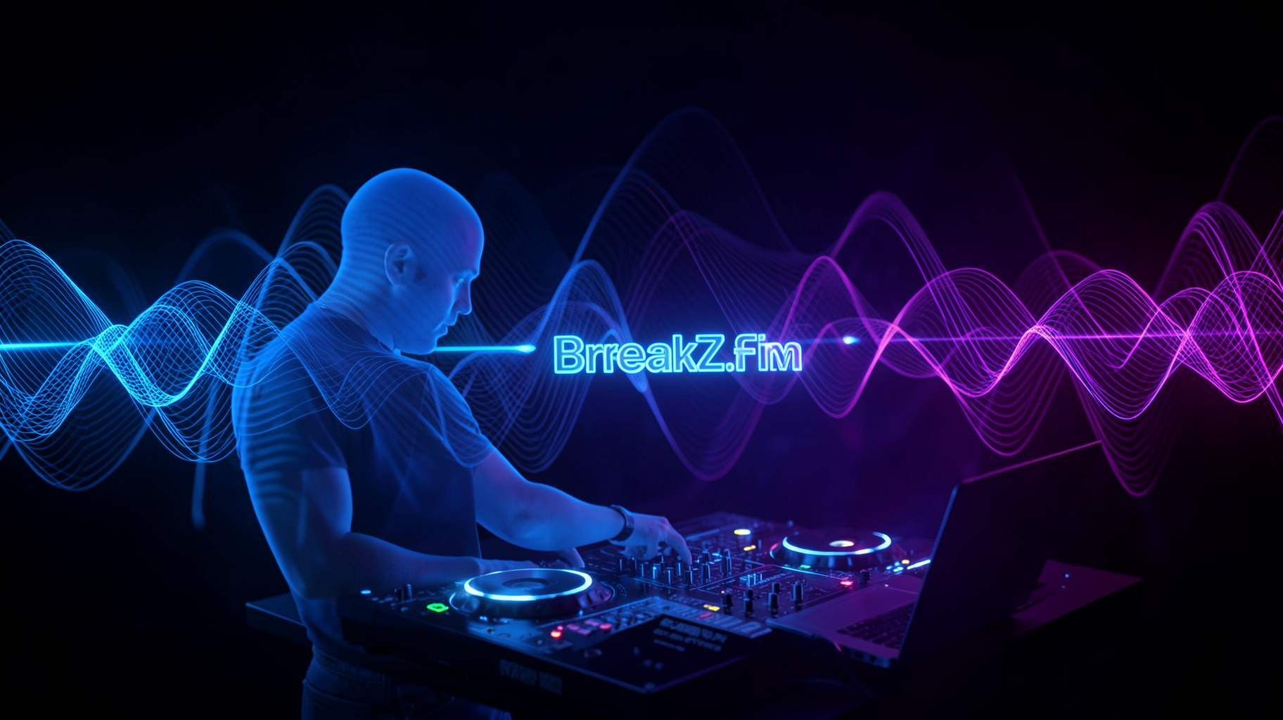 An abstract glowing waveform visualization with a DJ silhouette and a label reading BreakZ.FM