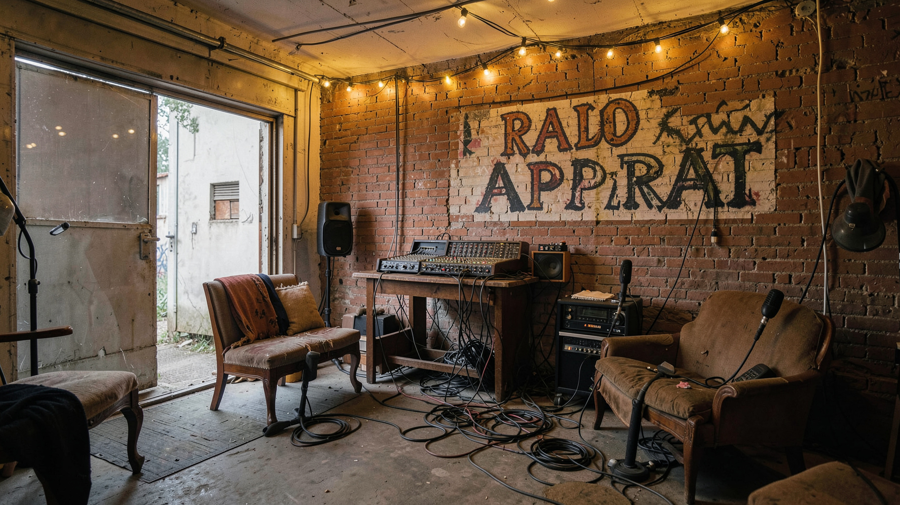 A DIY radio studio set up inside a converted garage with a hand-painted mural reading Radio Aparat