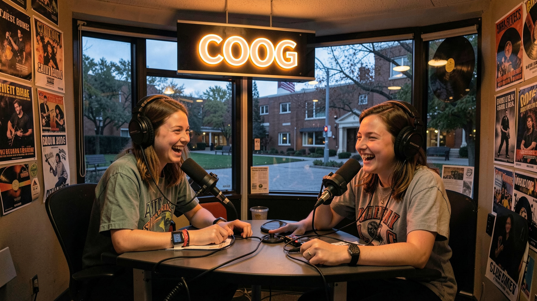 Two students broadcasting at the COOG Radio studio booth on the University of Houston campus