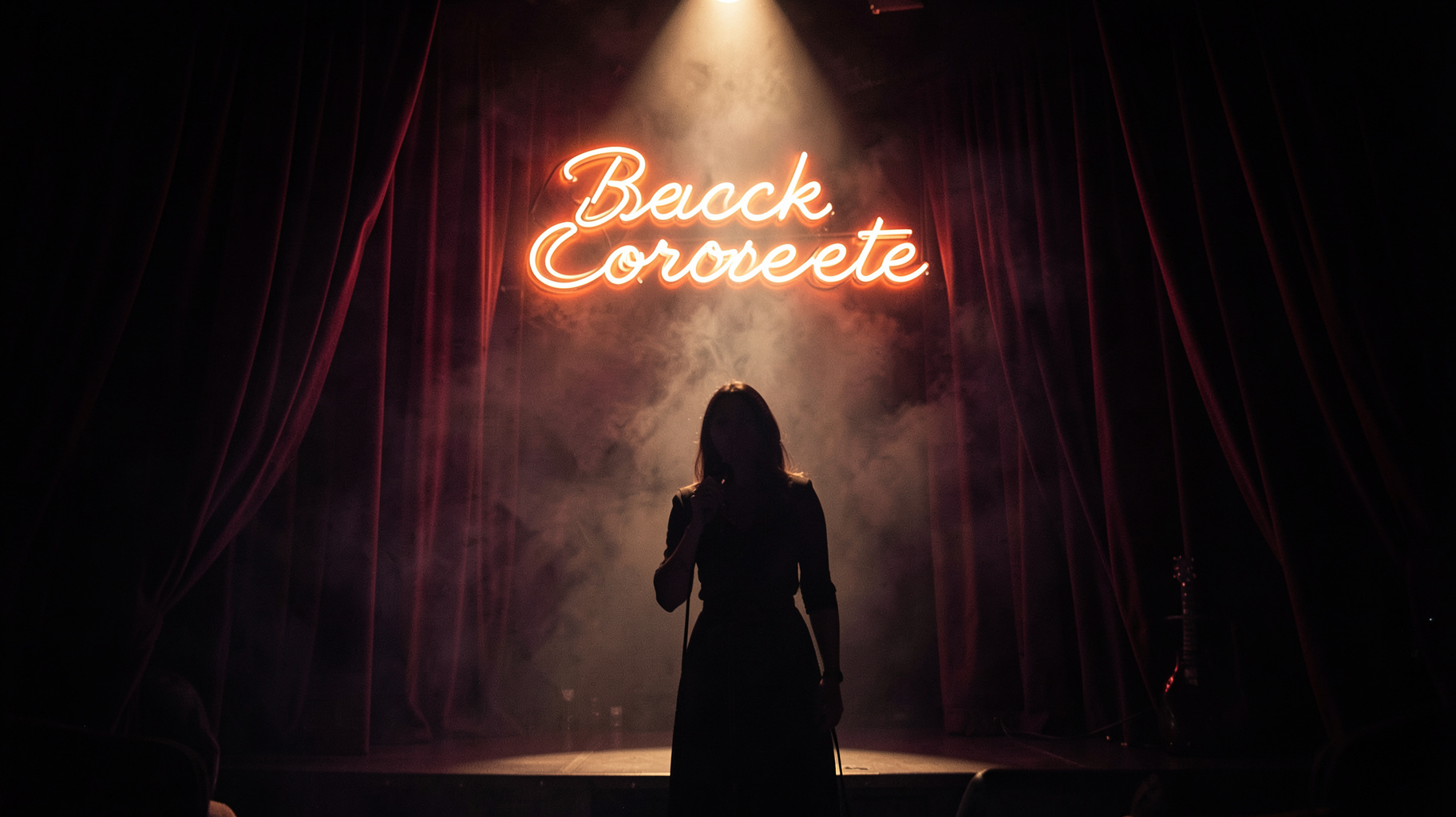 A singer silhouette on a soul music stage beneath a neon sign reading Black Corvette