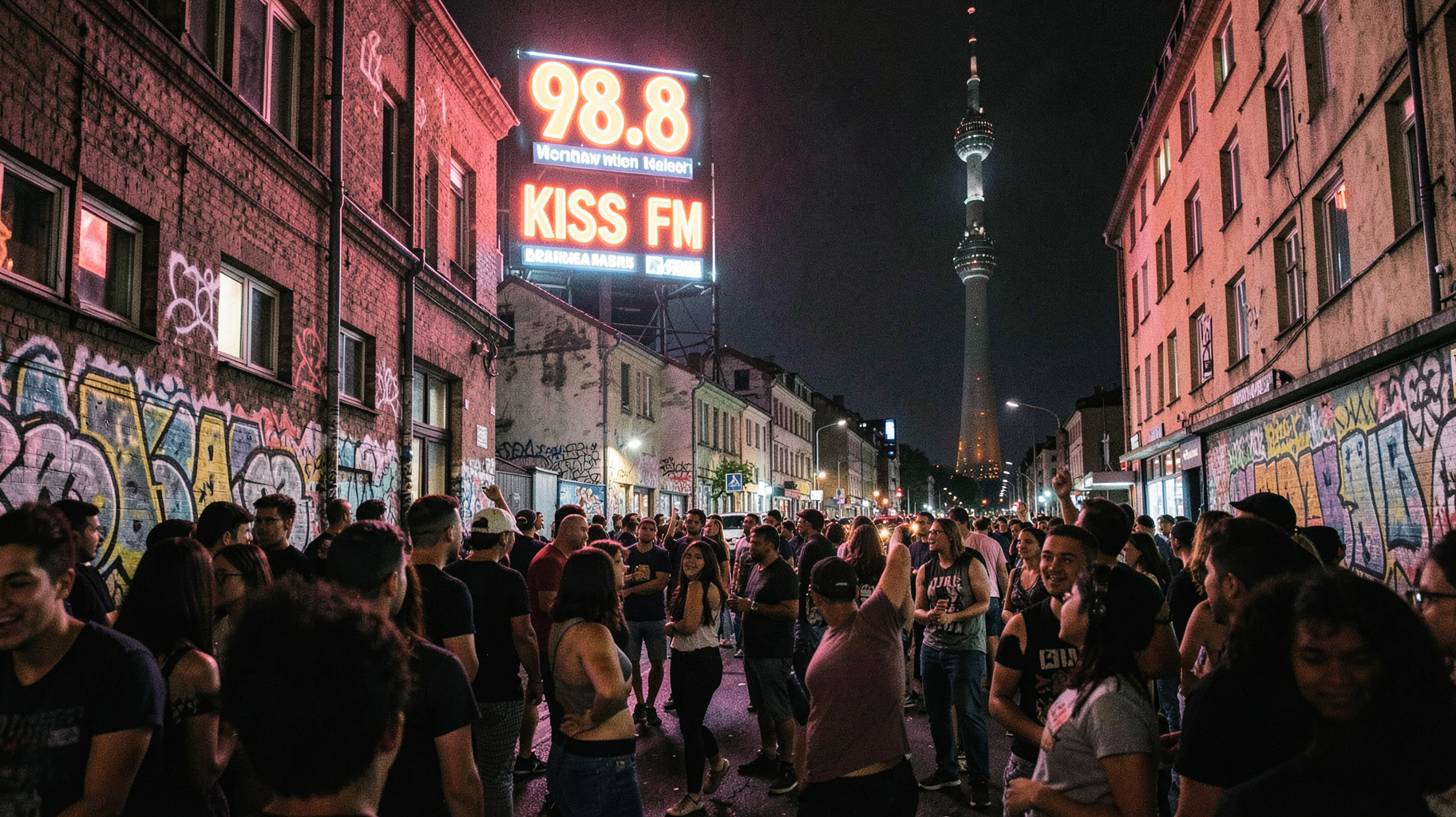 A neon billboard reading 98.8 KISS FM glowing above a crowd in a 1990s Berlin street scene