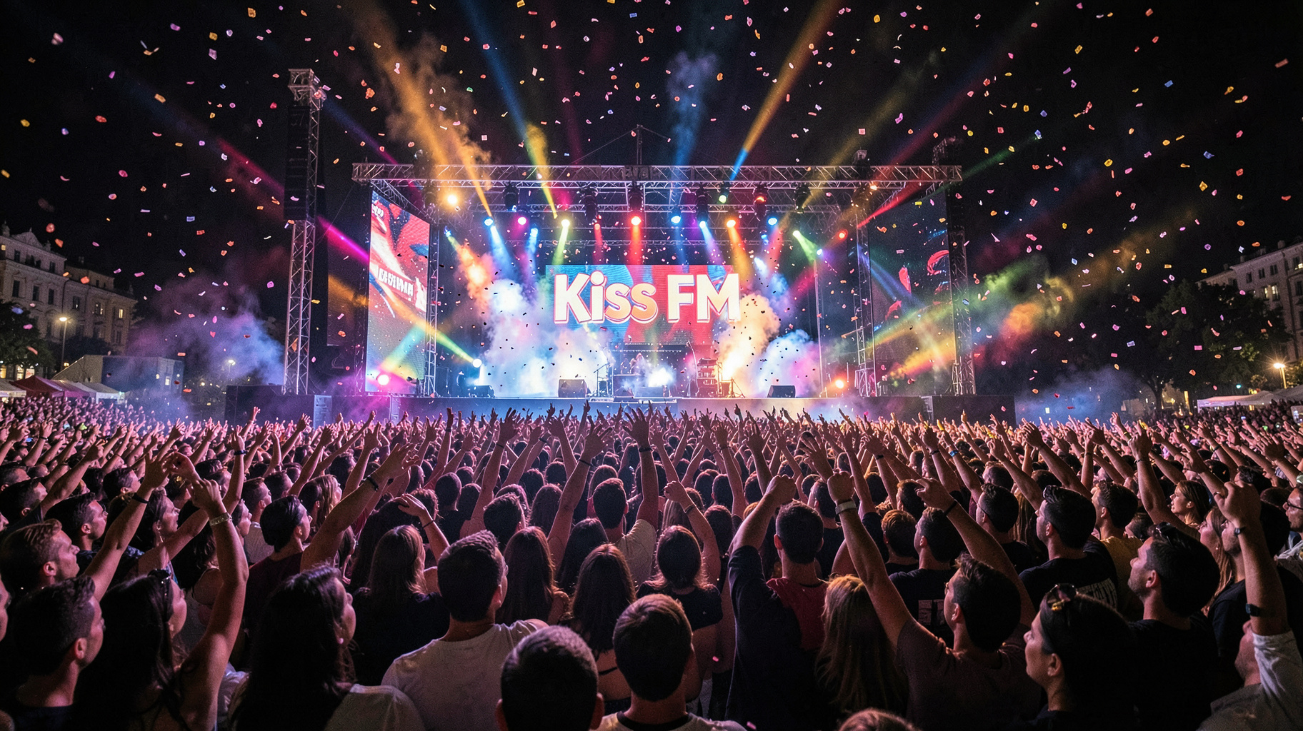A massive festival crowd in Bucharest under a stage backdrop reading Kiss FM