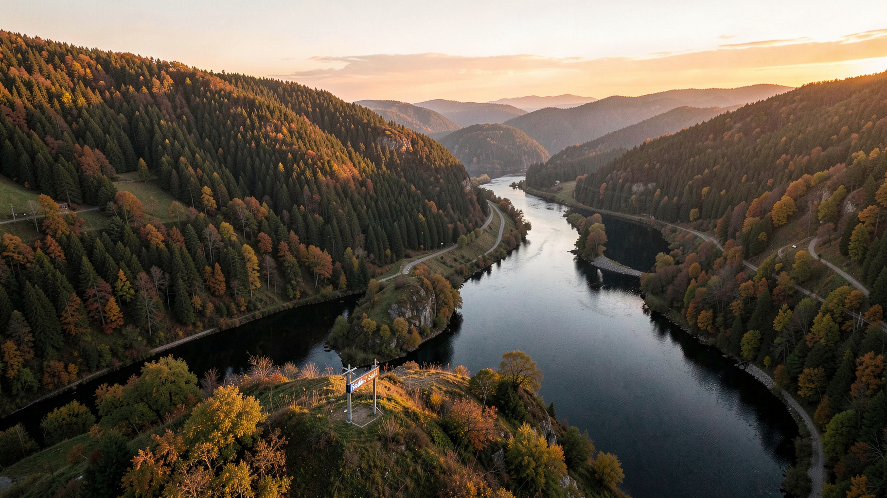 An aerial view of the Saarschleife river bend in Saarland at golden hour with a radio tower on the ridge