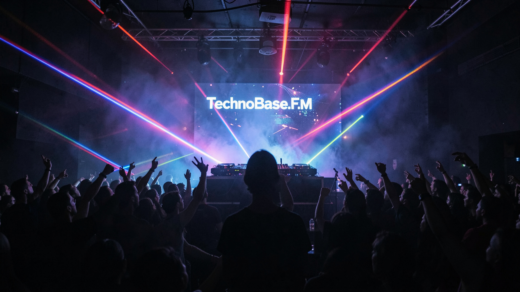 A dark underground techno club with laser lights and a DJ booth screen reading TechnoBase.FM