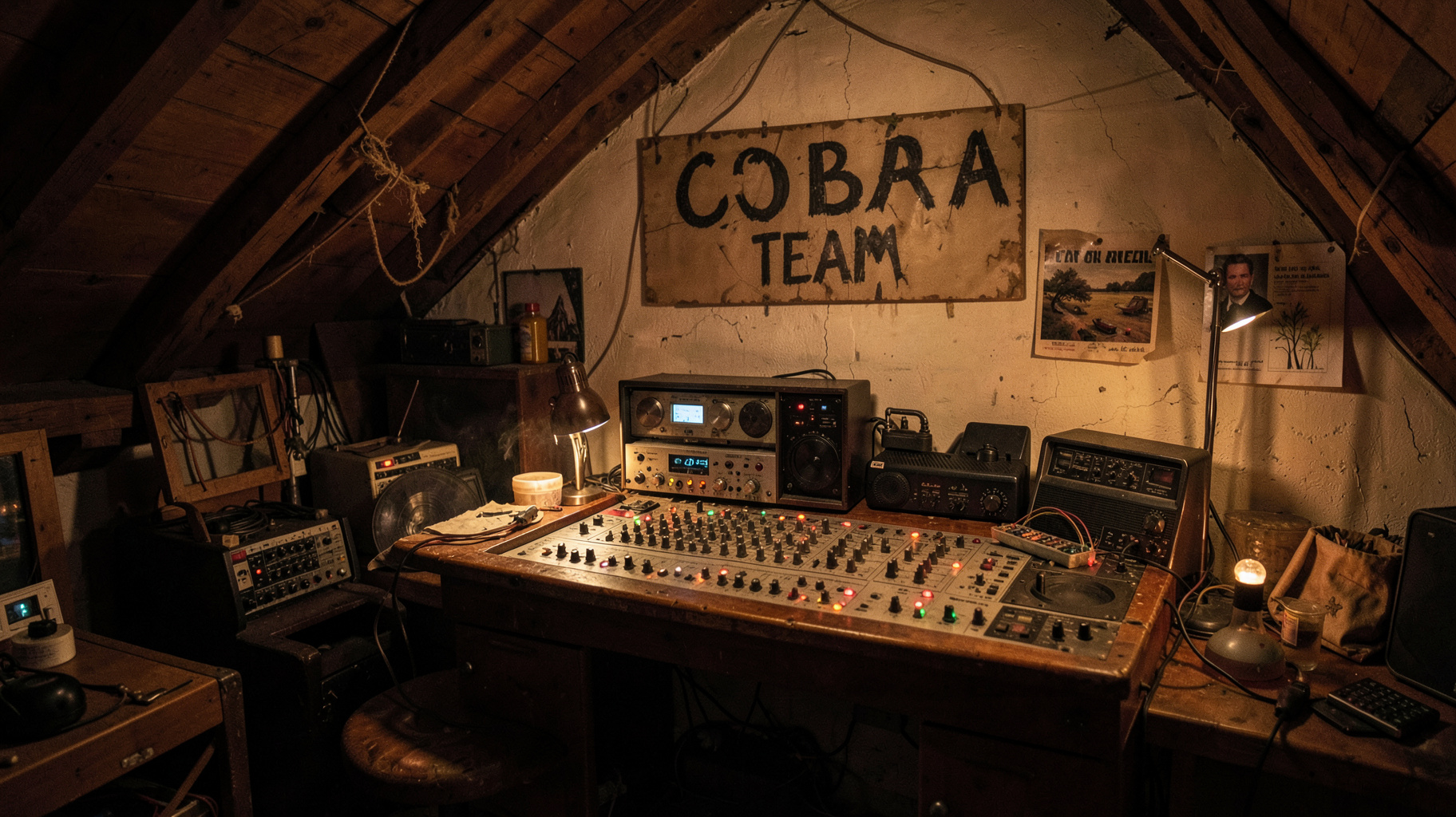 A homemade pirate radio studio at night with a hand painted sign reading Cobra Team