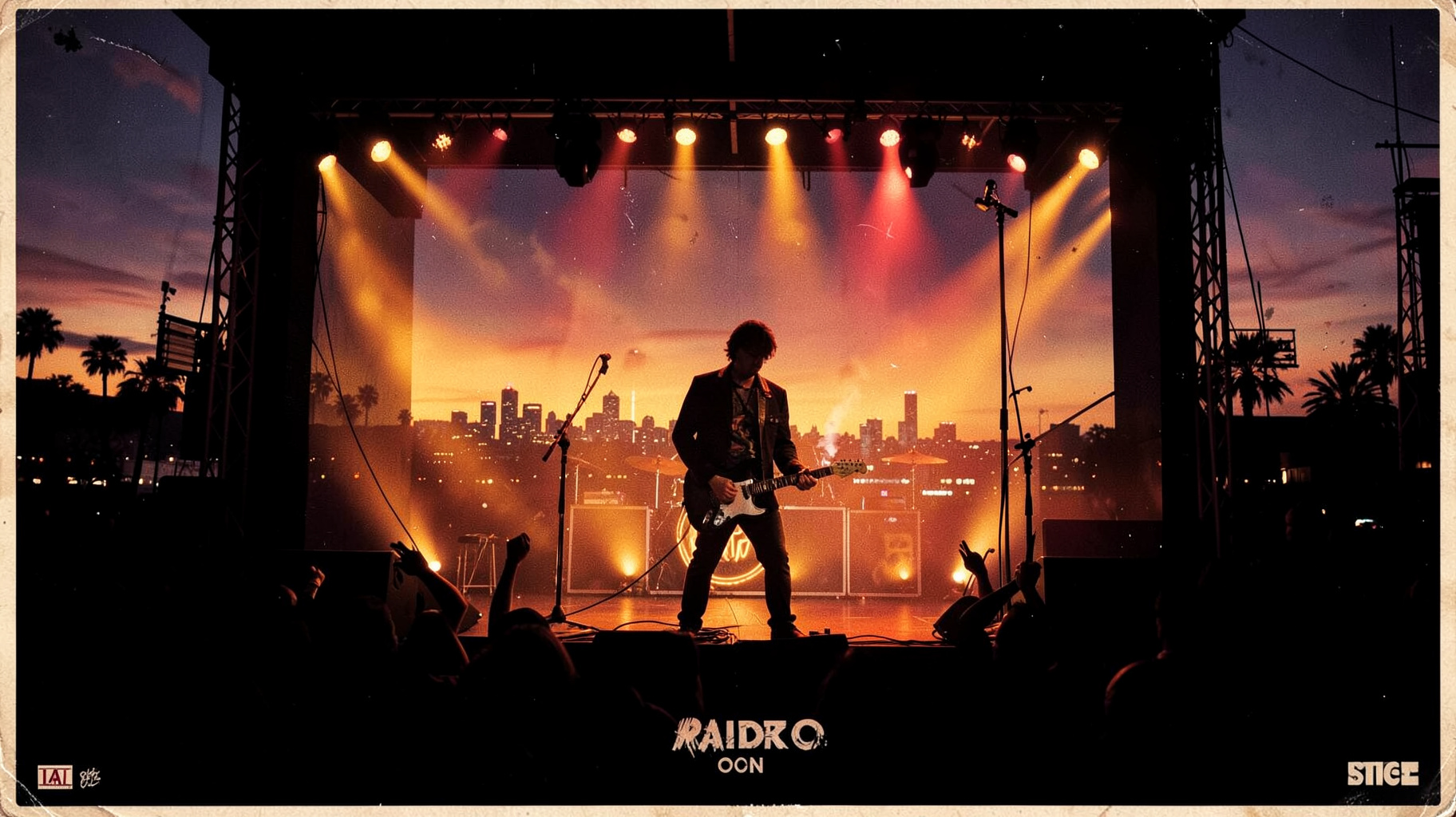 A classic rock stage silhouette with the Los Angeles skyline and a marquee sign reading Radio Rock On