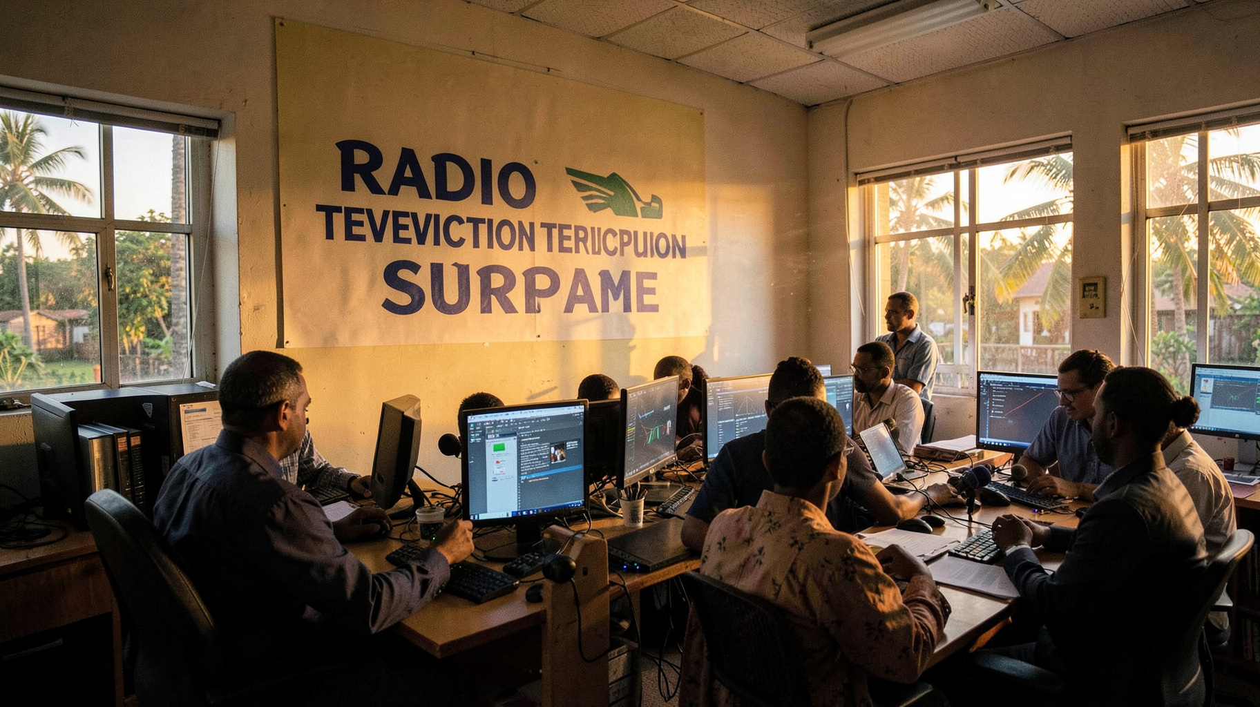 A radio and television newsroom in Port-au-Prince with a wall logo reading Radio Television Supreme