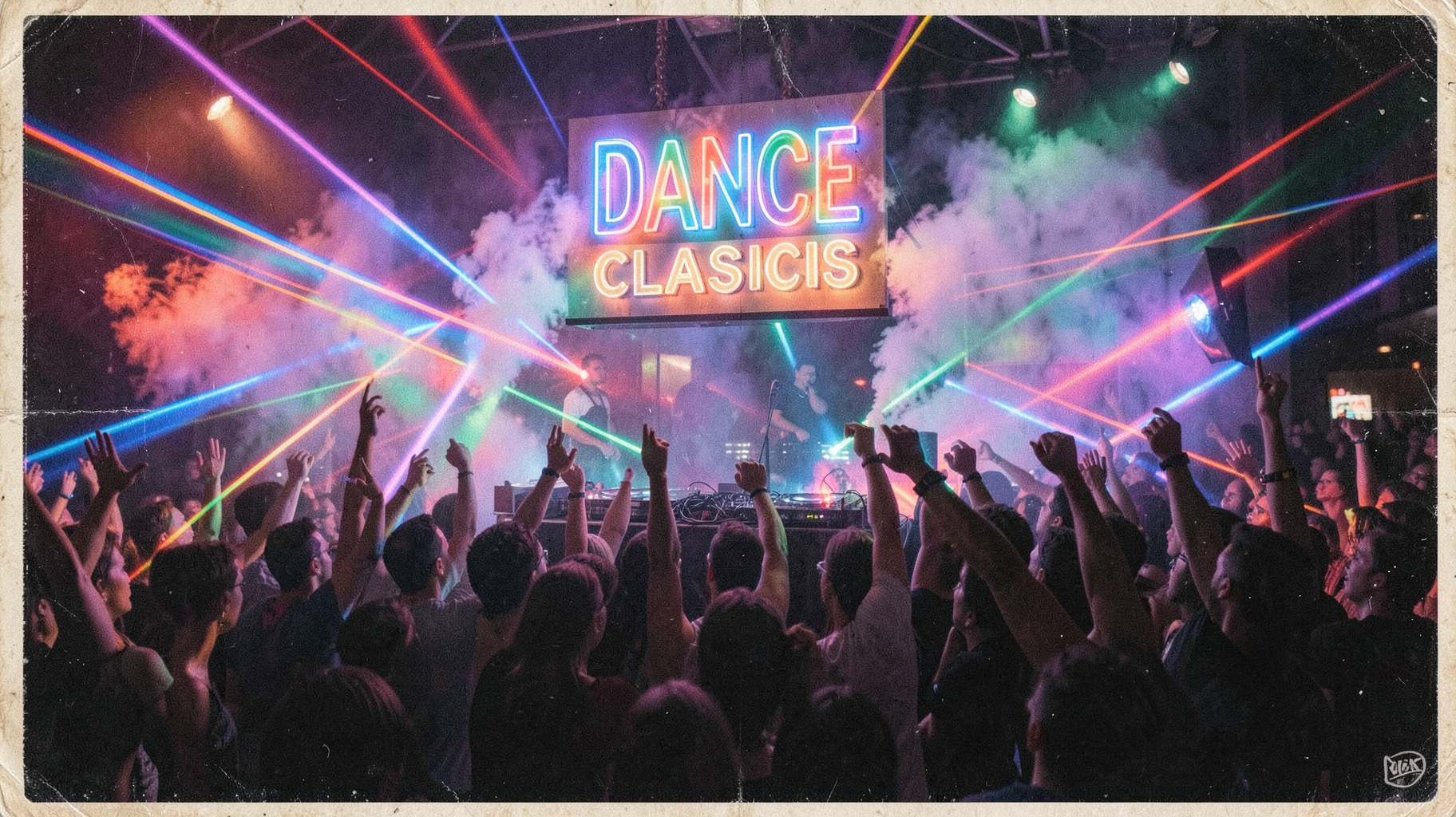 A 1990s UK rave scene with laser lights and a sign reading Dance Classics above the DJ booth