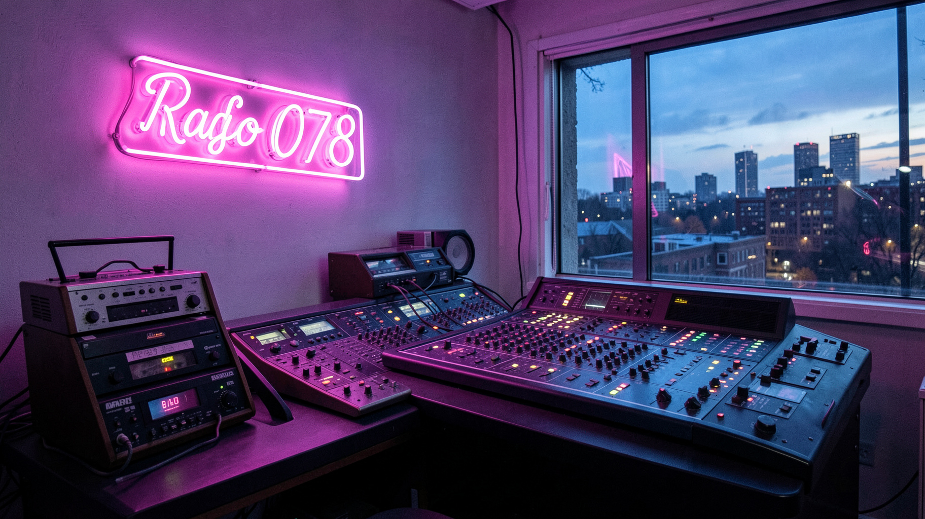 A retro 1980s synth-pop radio studio with neon lighting and a sign reading Radio 078