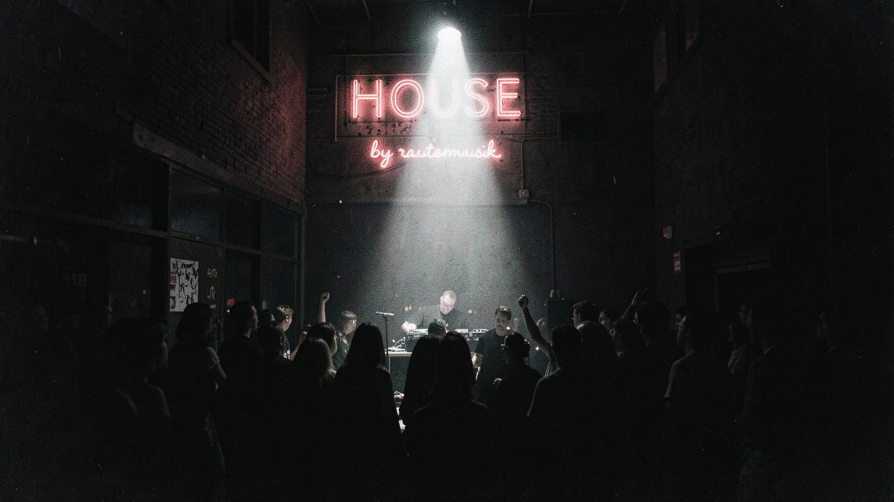 A dark Chicago warehouse nightclub with a neon sign reading HOUSE by rautemusik