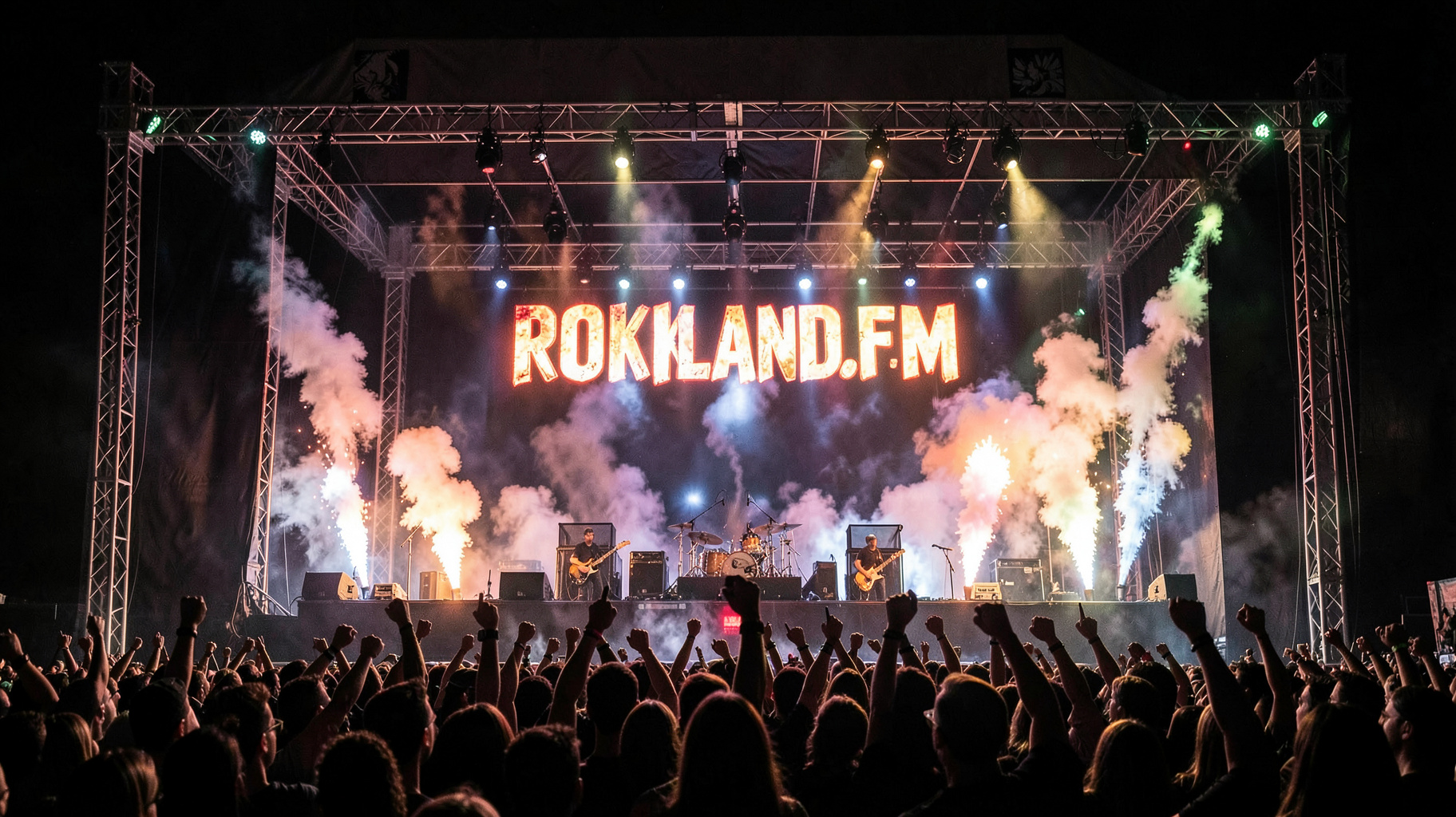 An arena rock concert with a backdrop banner reading ROCKLAND.fm