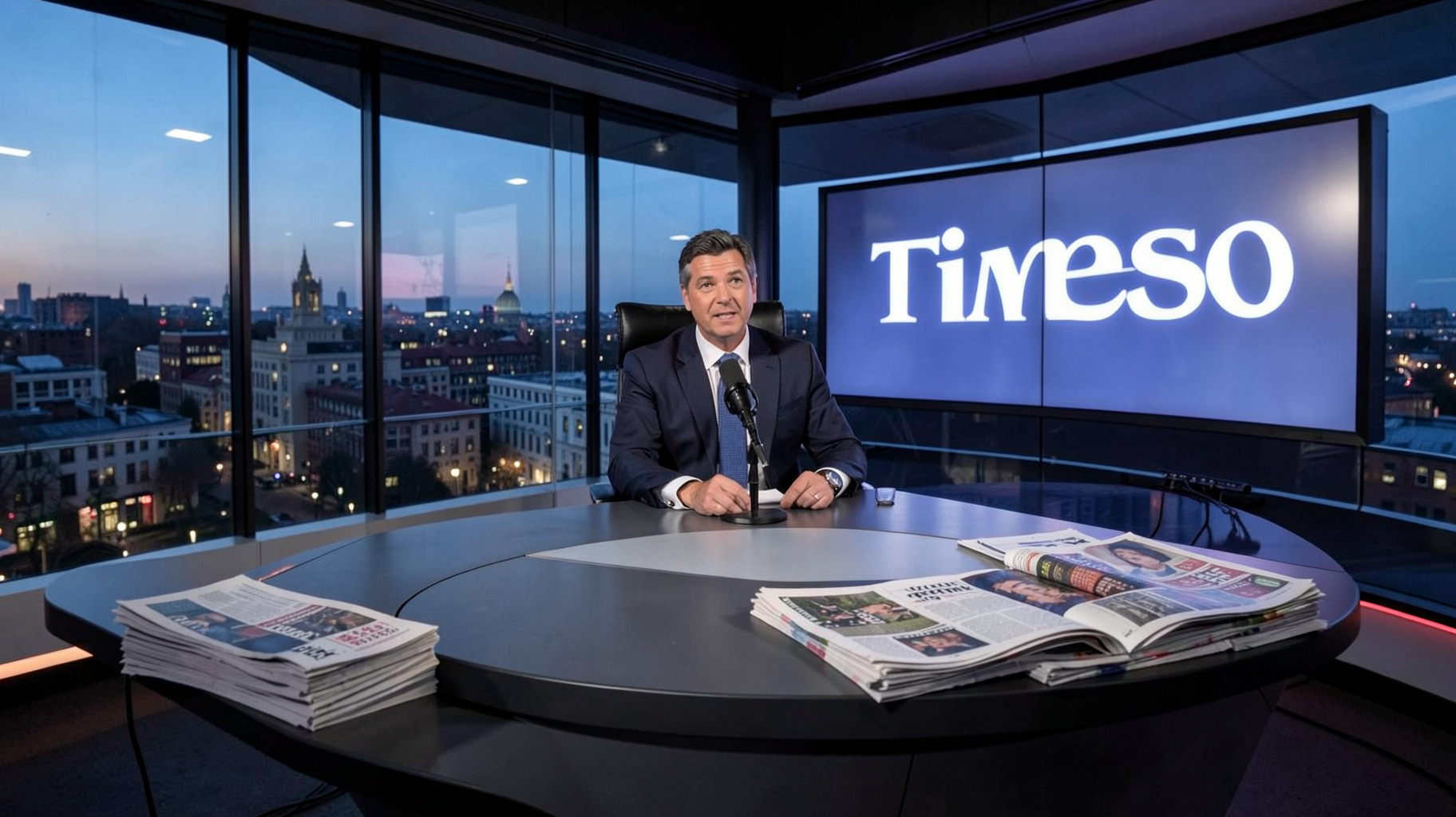 A modern London radio newsroom studio with a backlit logo reading Times Radio