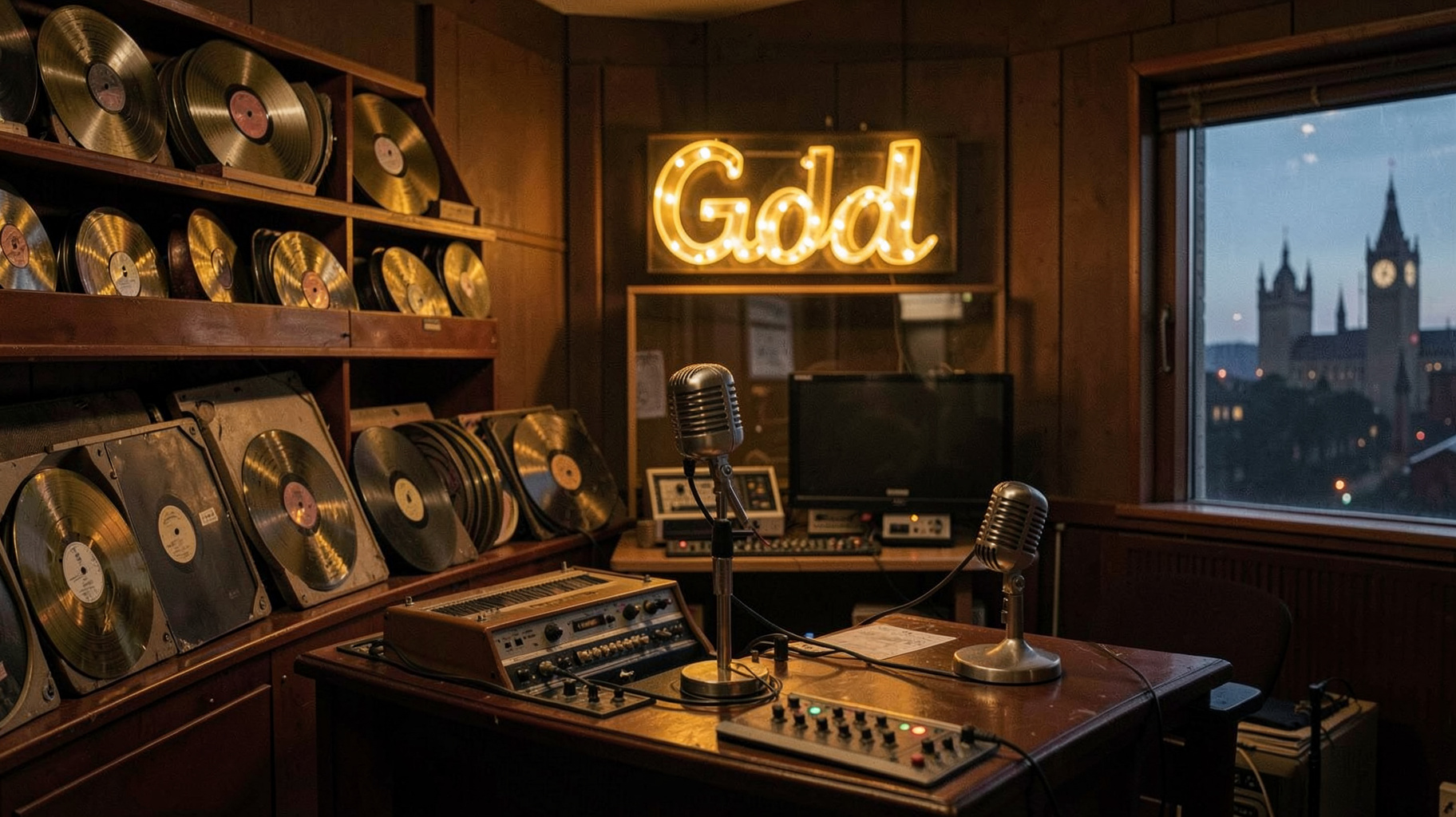 A vintage British radio studio with gold records and a backlit sign reading Gold