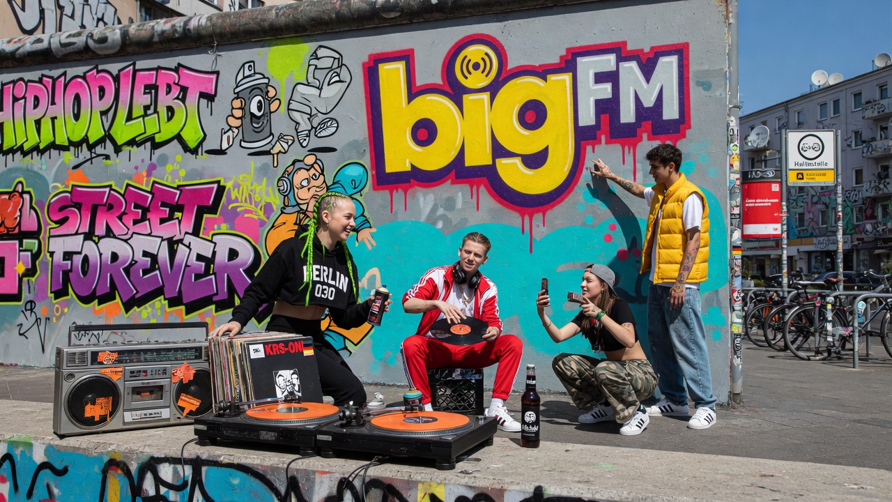 A vibrant German urban street-culture scene with colorful graffiti, a boombox and turntables and a bigFM mural sign