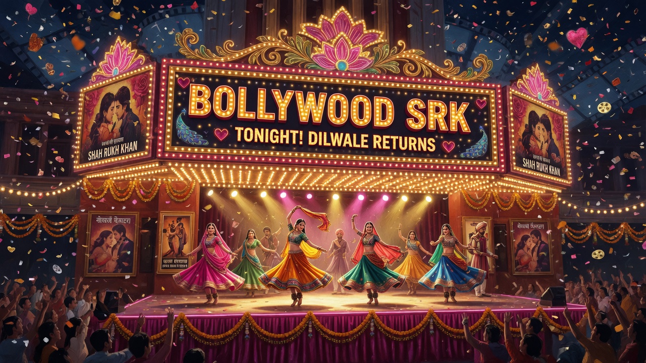 A glamorous vintage Indian cinema at night with a glowing Bollywood SRK marquee and dancers in colorful costumes under spotlights