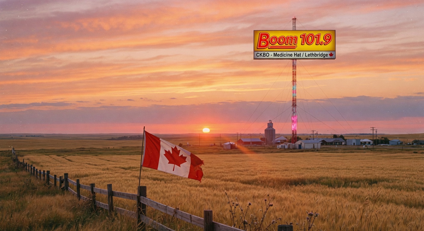 Alberta prairies at sunset with a radio tower displaying Boom 101.9 sign in the distance, wheat fields in the foreground