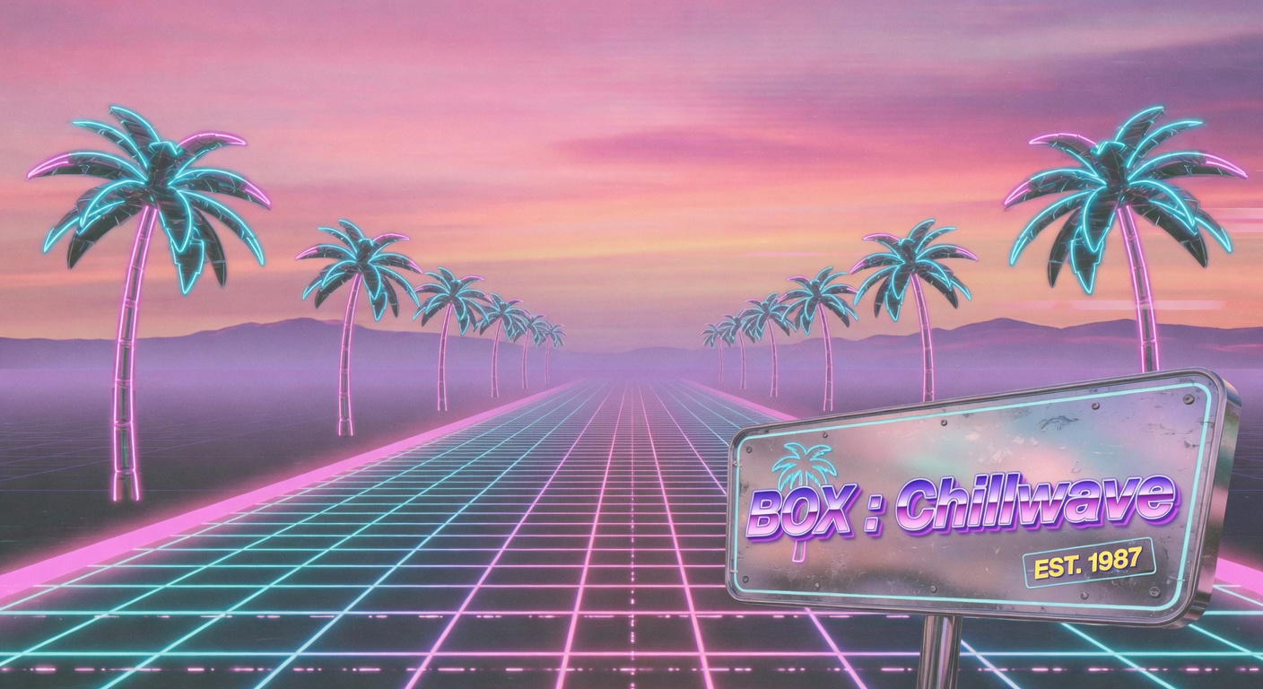 Retro-futuristic synthwave landscape with a neon grid road stretching to the horizon and a BOX Chillwave sign glowing in pastel purple